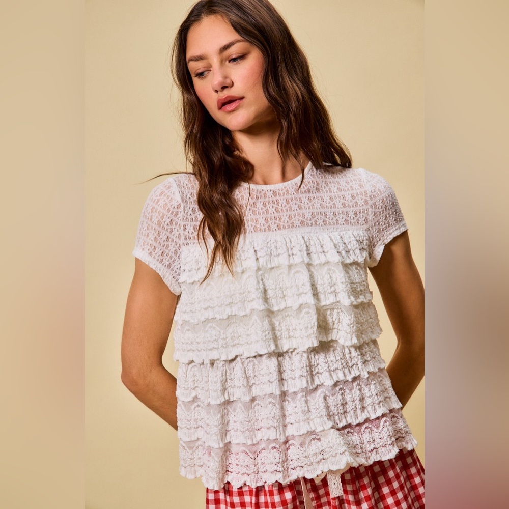 SO ME Ruffle Tiered Stretch Lace Short Sleeves Knit Top🆕Ivory
